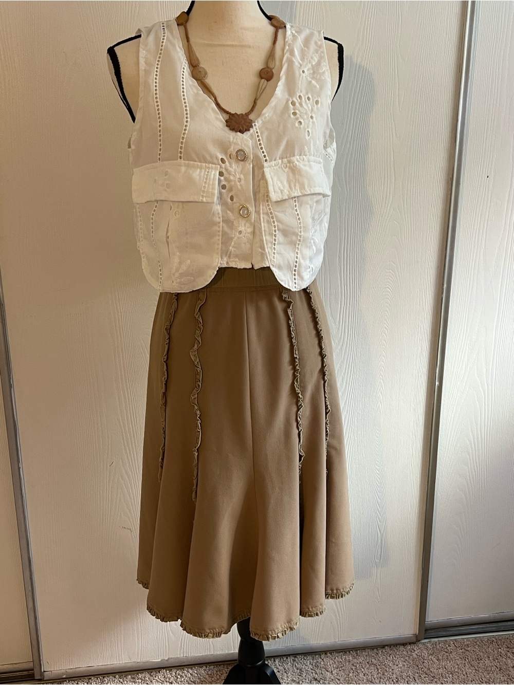 Taupe Ruffle-Trim Midi Skirt — Women's A-Line Skirt